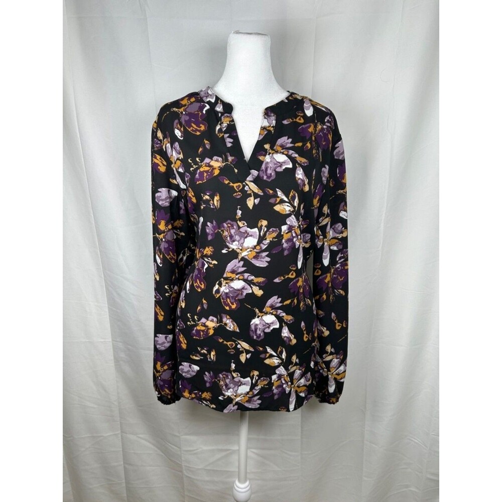 Evan Picone Black Label Blouse Size Large Black Purple Floral V-Neck Top